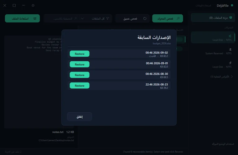 نافذة «الإصدارات السابقة» في DéjàFile تعرض نسخًا أقدم مؤرَّخة من جدول بيانات، لكل منها زر «استعادة».