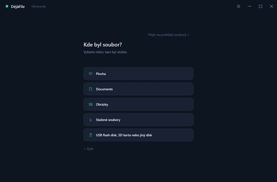 DéjàFile’s guided mode asking which drive the lost file was on.