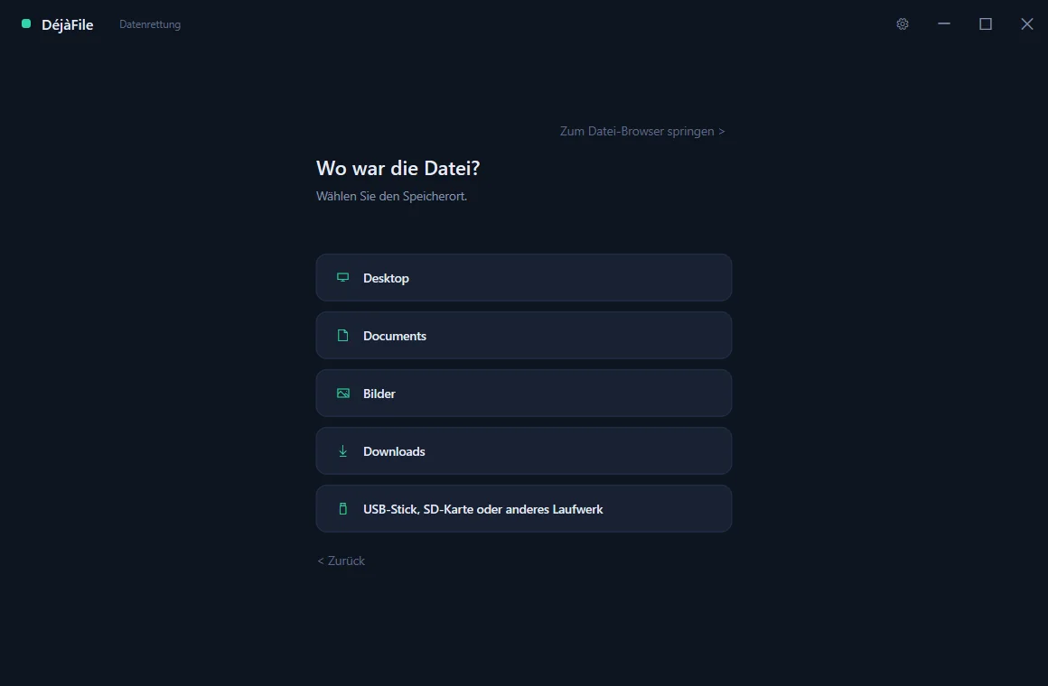 DéjàFile’s guided mode asking which drive the lost file was on.