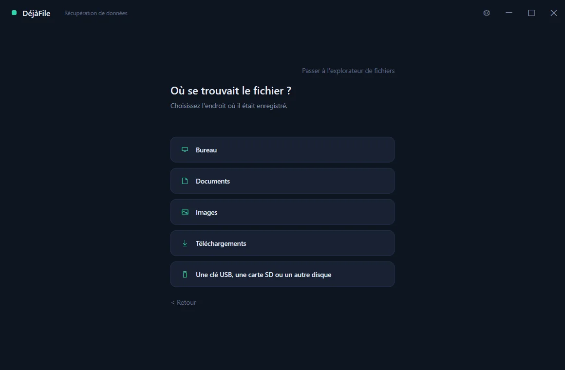 DéjàFile’s guided mode asking which drive the lost file was on.