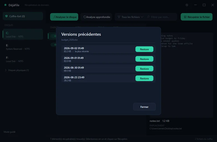 La fenêtre « Versions précédentes » de DéjàFile montrant des copies antérieures datées d’un tableur, chacune avec un bouton Restaurer.