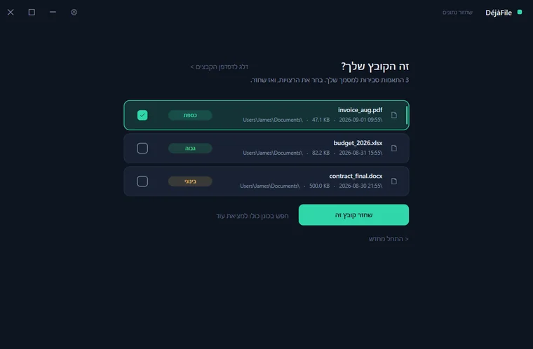 DéjàFile מציגה התאמות סבירות של קבצים מדורגות לפי יכולת שחזור, כשאחת מסומנת ומוכנה לשחזור.