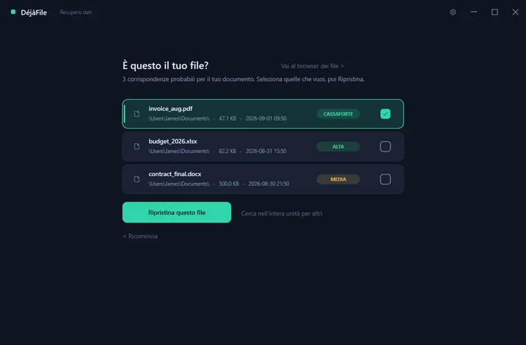 DéjàFile che mostra probabili corrispondenze di file classificate per recuperabilità, con una selezionata e pronta al ripristino.