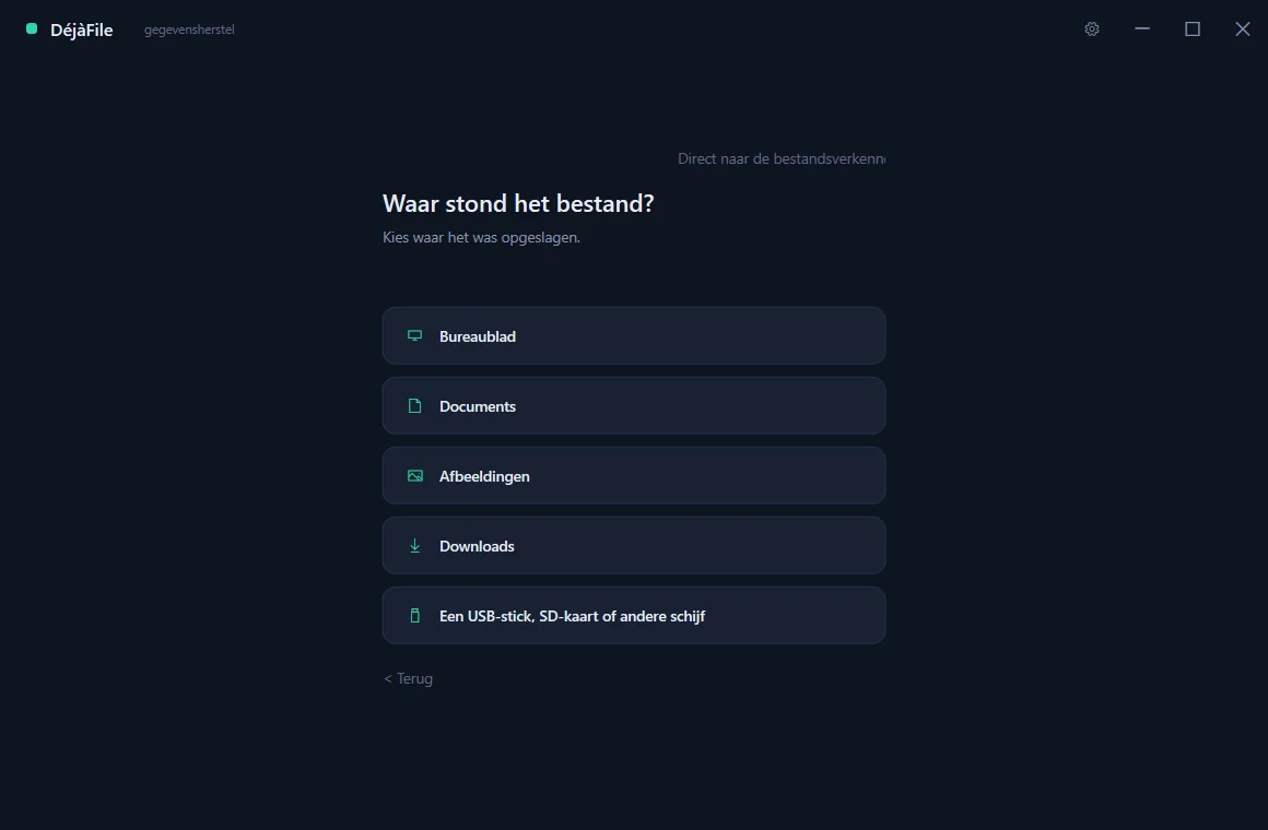 DéjàFile’s guided mode asking which drive the lost file was on.