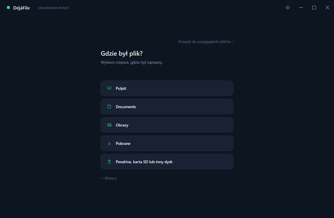 DéjàFile’s guided mode asking which drive the lost file was on.