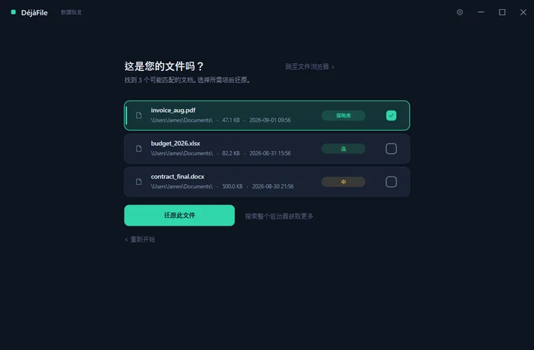 DéjàFile 按可恢复性为可能匹配的文件评级并列出,其中一个已选中,随时可以还原。